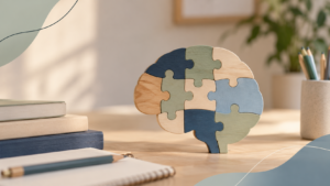 Quebra-cabeça em formato de cérebro sobre uma mesa, representando a investigação do funcionamento cognitivo.